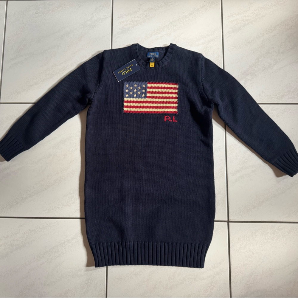 Polo Ralph Lauren Dark Blue Sweater Dress with Flag Design. Size: Small